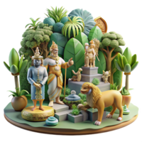 dramatic artistic Mythical Realm 3D Render of Ancient Figures in Lush Garden original png