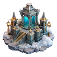 serene rustic Fantasy Temple 3D Model Ancient Architecture, Mystic Fountain, Cloud Setting premium png