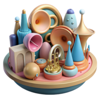 extraordinary classic Abstract 3D Render of Musical Instruments and Geometric Shapes high resolution png