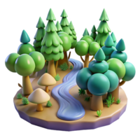 stunning vintage Cartoon Forest Scene 3D Render of Trees, River, and Mushrooms high resolution png