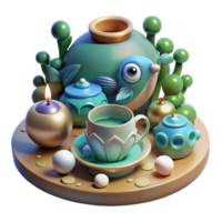 stunning modern Serene Tea Ceremony 3D Render of Whimsical Tea Set detailed png