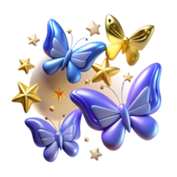 magnificent minimalist Shiny Butterflies and Stars 3D Render premium png