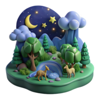 wonderful modern Nighttime Forest 3D Render Animals, Stars, Moon high resolution png