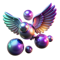 serene contemporary iridescent spheres, winged flight, abstract art, 3D rendering, digital art, colorful orbs, metallic texture, glowing effect, fantasy design, surreal art professional png