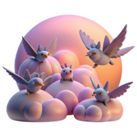 dramatic contemporary Cute Birds on Clouds 3D Render of Fantasy Creatures authentic png