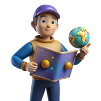 stunning creative 3D Cartoon Boy Exploring Planets with a Globe and Star Map Illustration high resolution png