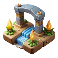 serene creative Fantasy Stone Bridge 3D Model River, Flames, Plants high resolution png