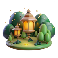 stunning rustic 3D Render Illuminated Lanterns in a Serene Night Landscape 4K png