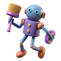 vibrant rustic Cleaning Robot 3D Render of Playful Bot with Brush exclusive png
