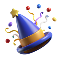 beautiful creative 3D Render of Festive Party Hat with Balloons and Streamers high quality png