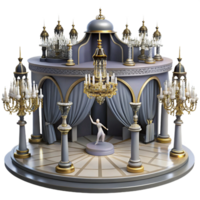 Elegant 3D Render of Grand Stage with Chandeliers png