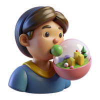 3D Render Child Blowing Bubble Gum with Miniature World png
