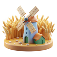 3D Cartoon Windmill Wheat Field Illustration png