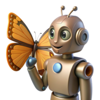 Friendly Robot with Butterfly 3D Render png