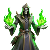 3D Render Undead Wizard Green Flames png