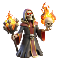 3D Render Undead Sorcerer with Flaming Skull png