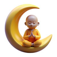 3D Render Monk Meditating on Crescent Moon png
