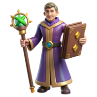 3D Cartoon Wizard with Staff and Book png