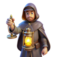 3D Cartoon Monk with Lantern Illustration png