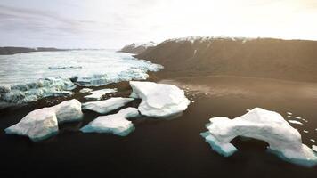 Icebergs floating in tranquil waters near a rugged coastline at dawn video