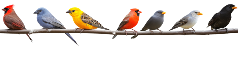Multicolored Songbirds Perched in a Row on Transparent Background png