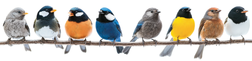 Colorful birds on branch isolated on transparent background png