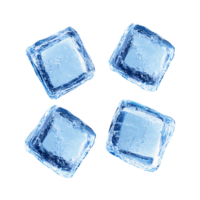 Ice cubes on transparent background, four crystal clear square ice blocks, frozen water, cold refreshment png