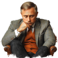 Pensive man in tweed jacket and waistcoat on transparent background png