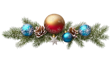 Christmas decoration festive fir branches with red gold and blue ornaments on transparent background png