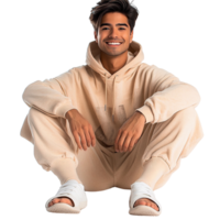 Smiling man in beige hoodie and pants on transparent background png
