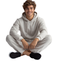 Smiling man in light gray hoodie and sweatpants on transparent background png