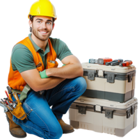 Smiling handyman kneeling with toolboxes on transparent background png