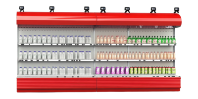 Red refrigerated display case with bottles and drinks png