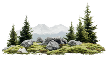 Mountain landscape with evergreen trees and rocks on transparent background png