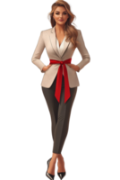 Woman in beige blazer with red belt on transparent background png