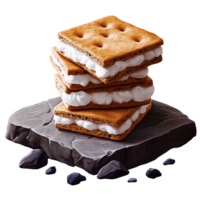 Stacked graham crackers with marshmallow cream on dark stone png