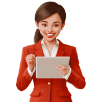Smiling woman in red suit using tablet on transparent background png