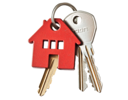 Red house shaped keychains with keys on transparent background png