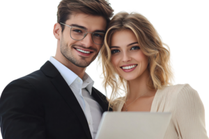 Smiling couple with laptop on transparent background png