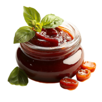 Bbq sauce in glass jar with basil garnish on transparent background png