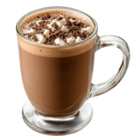 Hot chocolate with marshmallows and chocolate shavings in glass mug on transparent background png