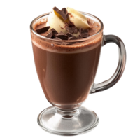 Chocolate hot drink with whipped cream and chocolate shavings in glass mug on transparent background png