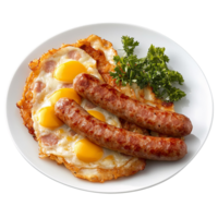 Fried eggs with sausages and parsley on a white plate png
