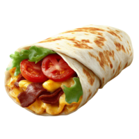 Bacon mac and cheese burrito with tomatoes and lettuce on white background png