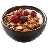 Granola with yogurt and berries in a dark bowl on transparent background png