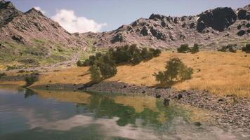 Scenic view of a tranquil river reflecting mountains in bright daylight video