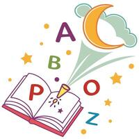 Colorful Alphabet Learning Illustration with Open Book and Moon vector