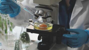 A person in a lab coat is holding a microscope video