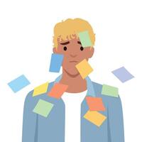Young man looks stressed as colorful sticky notes float around him. Overwhelmed with Tasks. vector