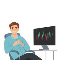 Confident Trader at Work sits comfortably in his chair monitoring a stock market candlestick chart. vector